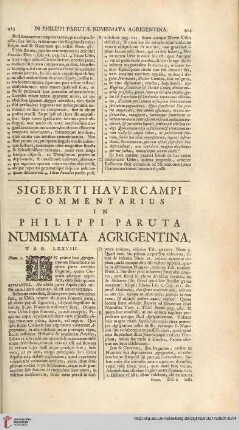 Sigeberti Havercampi commentarius in Philippi Parutae numismata Agrigentina