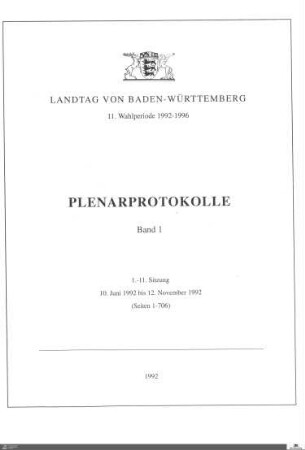 66: Landtag Baden-Württemberg, Protokolle, 1992, Bd. 1
