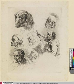 [Studienblatt mit sechs Männerköpfen und einem Hundekopf; Feuille, d'études, parmi lesquelles une tête de chien]