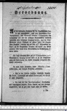 Verordnung. : München den 18. Septembers 1800. Churfürstliche Kriegs-Deputation. Reichsfr. von Weichs Präsident. von Schmöger Sekretär.