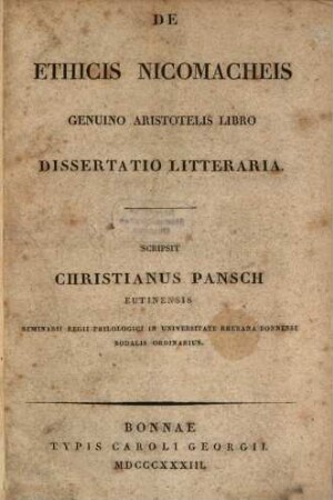 De Ethicis Nicomacheis genuino Aristotelis libro : Dissertatio litteraria