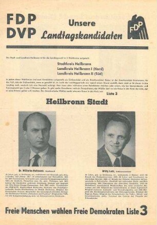 "FDP DVP Unsere Landtagskandidaten" Flugblatt zur Landtagswahl