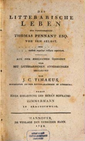 Das Litterarische Leben Des Verstorbenen Thomas Pennant Esq.