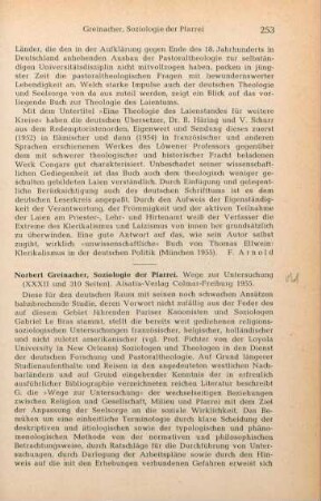 253-254 [Rezension] Greinacher, Norbert, Soziologie der Pfarrei