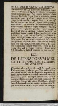 LXI. De literatorum miseria et iucunda Rinteliensium Musarum sede