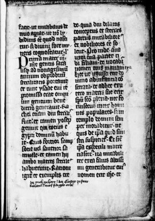 Pergamentmakulatur (Homiliar, 14. Jh.); darauf Besitzvermerk Kloster St. Katharina Nürnberg: „Daz puch gehort in das closter zu sant Katherein in Nur. prediger orden.“