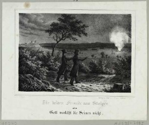 Zwei Männer in Gehröcken auf ein brennendes Dorf zeigend, im Hintergrund links die Burg Stolpen, wahrscheinlich während der Besatzung durch französische Truppen während der Napoleonischen Kriege 1813