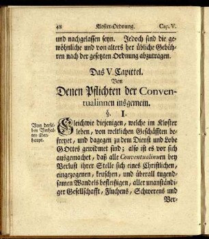 Das V. Capitel. Von denen Pflichten der Conventualinnen insgemein.