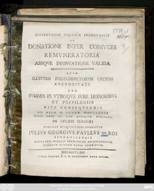 Dissertatio Jvridica Inavgvralis De Donatione Inter Conivges Remvneratoria Absqve Insinvatione Valida