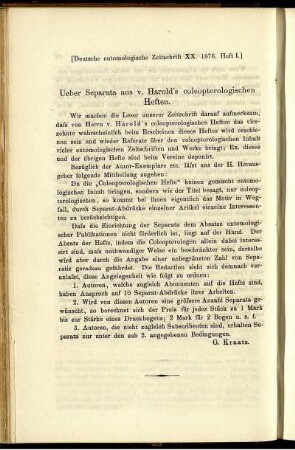 Ueber Separata aus v. Harold's coleopterologischen Heften