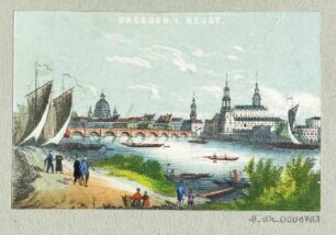 Ansicht von Dresden von der Neustadt, Lithografie, um 1840 : Dresden v. Neust.. [S.l.], [um 1840]. - 1 Kunstbl. : kol. Lithogr. ; 8,6 x 5,5 cm.