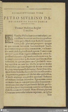 ... Petro Severino Danno Sereniss. Regis Daniae Archiatro. Thomas Mufettus Anglus. Epistola Dedicatoria