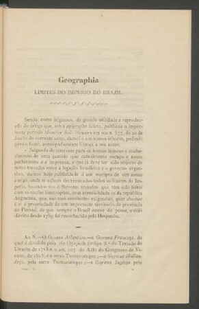 Geographia : Limites do imperio do Brazil. [Ext. do periódico "Monitor Sul-Mineiro"]