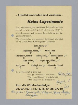 "Arbeitskameraden seid wachsam - Keine Experimente"