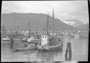 Fischerboote im Hafen, in der Ferne schneebedeckte Berge, Nordlandreise, Norwegen