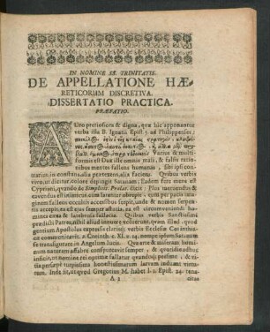 De Appelatione Haereticorum Discretiva. Dissertatio Practica. Praefatio.