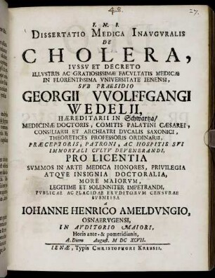 Dissertatio Medica Inauguralis De Cholera
