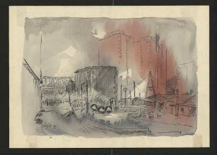Colorierte Tuschezeichnung von Karl-Heinz Klingbeil: Franz-Mehring-Platz (1972)