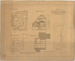 Pfann, Paul; Nürnberg - Grossreuth hinter der Veste; Wohnhaus Fritz Pfann - Lageplan, Grundriss Keller, Grundriss EG,Grundriss DG, Schnitt