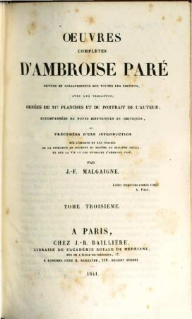 Oeuvres complètes d'Ambroise Paré. 3