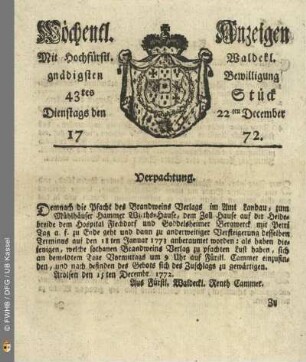 43tes Stueck, Dienstags den 22ten December 1772