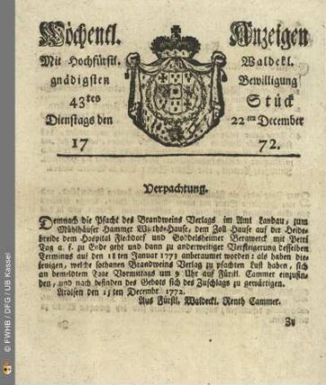 43tes Stueck, Dienstags den 22ten December 1772