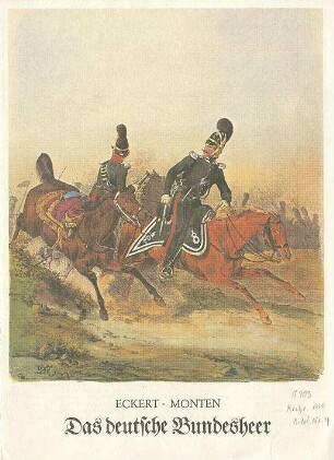 2 Reitersoldaten im Fluchtgalopp, neben sich ein Reinerlöses Pferd, im Hintergrund Truppen