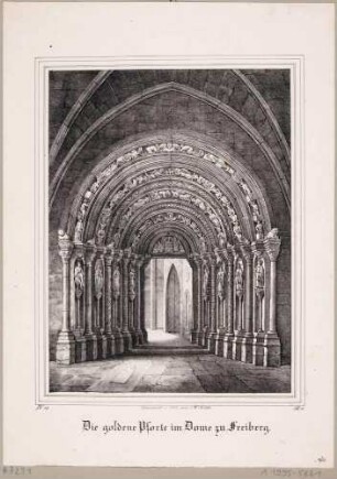 Die Goldene Pforte, spätromanisch, Rundbogen-Sandsteinportal, um 1230, an der Südseite des Freiberger Domes, aus der Zeitschrift Saxonia, 4. Band, 1838/39