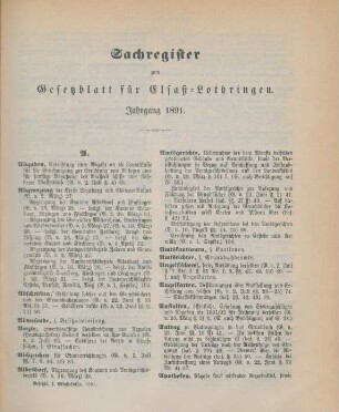 Sachregister zum Gesetzblatt für Elsaß-Lothringen. Jahrgang 1891
