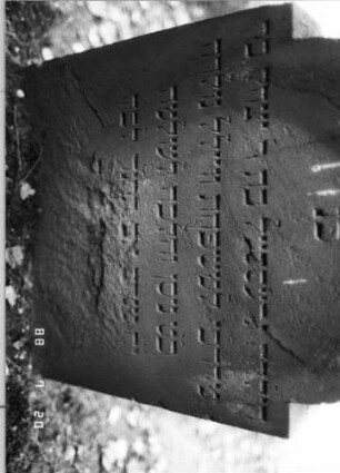 Grabstein 341 (Index: 100094674) Material: Sandstein Zustand: unten abgeblättert mit Textverlust Maße HxBxT: 75x50x11 cm Beschreibung: Stele, eingezogener Rundbogenabschluß: Grabstein 341A