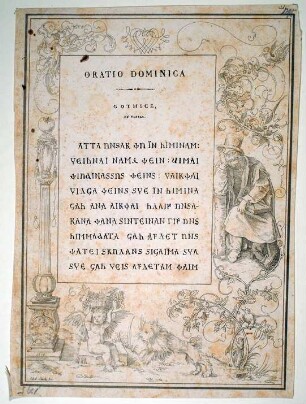 Lithographie: Buchseite mit Text und Randzeichnungen nach Albrecht Dürer