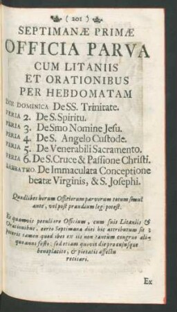 Septimanae Primae Officia Parva Cum Litaniis Et Orationibus Per Hebdomatam ...