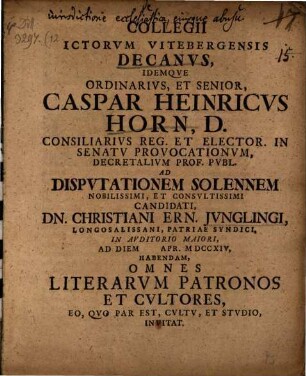 Programma quo ad disp. sol. Ch. E. Iunglingii invitat : [praefatus de historia iurisdictionis ecclesiast.]