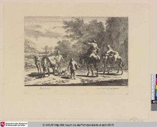 [Auf einem Pferd reitender Mann und eine auf einem Esel reitende Frau treffen auf Hirten mit Rindern; Man on horseback and woman on donkey]