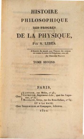 Histoire philosophique des progrès de la physique. 2