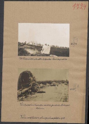 Von deutschen Granaten zerstörte feindliche Fuhrparkkolonne