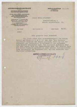 Brief von Astro-Gesellschaft m.b.H an Raoul Hausmann. Berlin