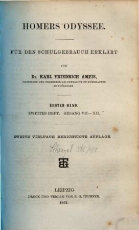 Homers Odyssee : Für den Schulgebrauch, 1,2. Gesang VII-XII
