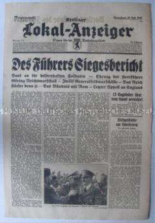 Tageszeitung "Berliner Lokal-Anzeiger" mit dem Wortlaut der Rede von Hitler vor dem Reichstag über die aktuelle Kriegslage