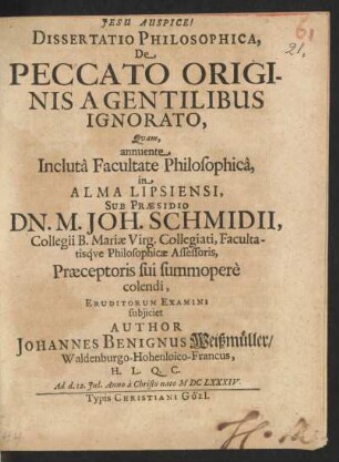 Dissertatio Philosophica, De Peccato Originis A Gentilibus Ignorato