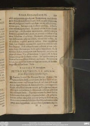 Epistola V. Bruxellam. Petro Weymsio, I. C. posteà in Suprema Belgii Curia Senatori Regio.