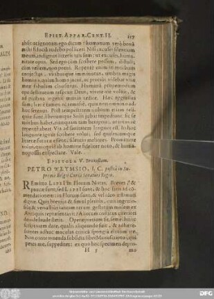 Epistola V. Bruxellam. Petro Weymsio, I. C. posteà in Suprema Belgii Curia Senatori Regio.