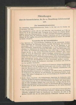 Mitteilungen über die Immatrikulation, die An- u. Abmeldung, Gebührenerlaß usw.