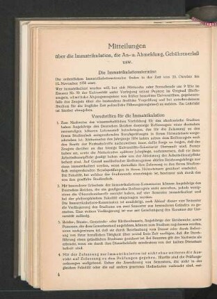 Mitteilungen über die Immatrikulation, die An- u. Abmeldung, Gebührenerlaß usw.