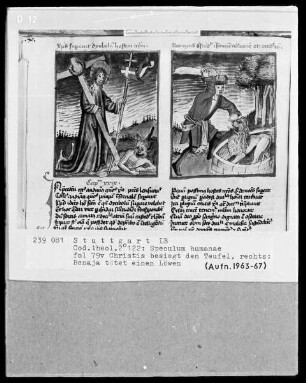 Zwei Schriften — Speculum humanae salvationis — Textseite mit zwei Miniaturen, Folio 79verso