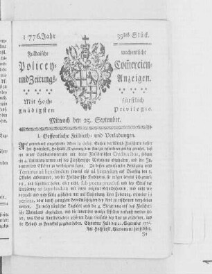 39tes Stück, Ausgabe vom 25. September 1776