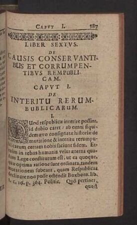 Liber sextus. De causis conservantibus et corrumpentibus rempublicam.