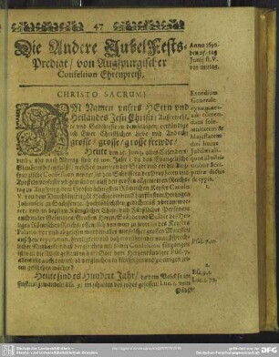 Die Andere JubelFests-Predigt, von Augspurgischer Confession Ehrenpreiß