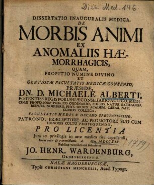 Dissertatio Inauguralis Medica, De Morbis Animi Ex Anomaliis Haemorrhagicis