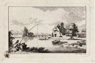 Serie von 14 Landschaften; Bl. 4: Haus mit Turm, vorn Angler